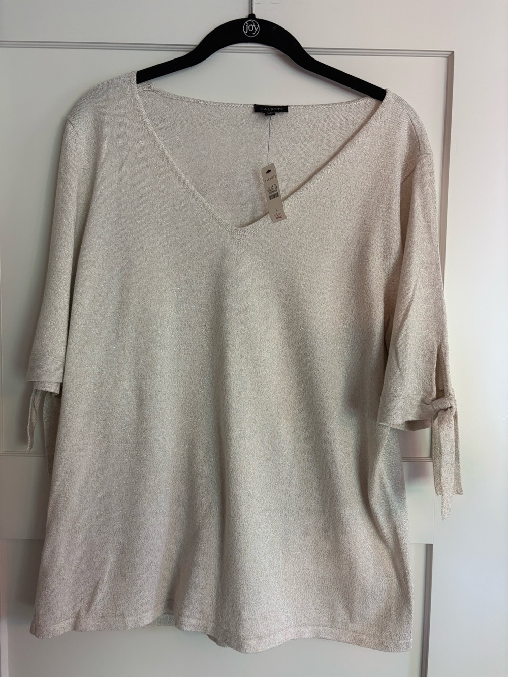 Talbots Light Gold V-Neck Tie-Sleeve Top Hint of Gold Metallic Shimmer NWT Large